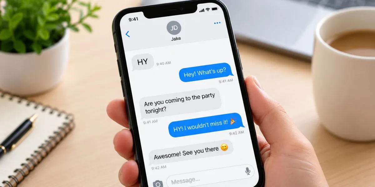 Smartphone displaying a casual text conversation illustrating HY meaning in text.