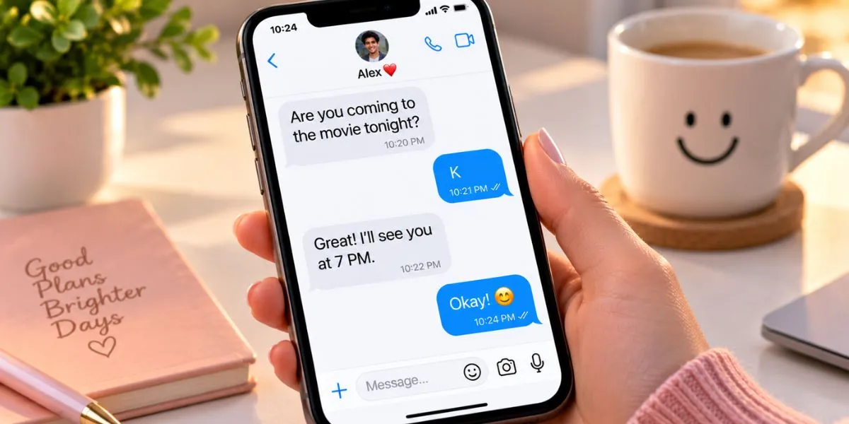 Smartphone displaying a text conversation with K as a short reply meaning Okay.