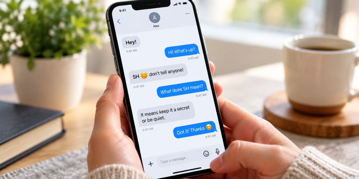 Smartphone displaying a text conversation illustrating the possible meaning of SH in text messages.