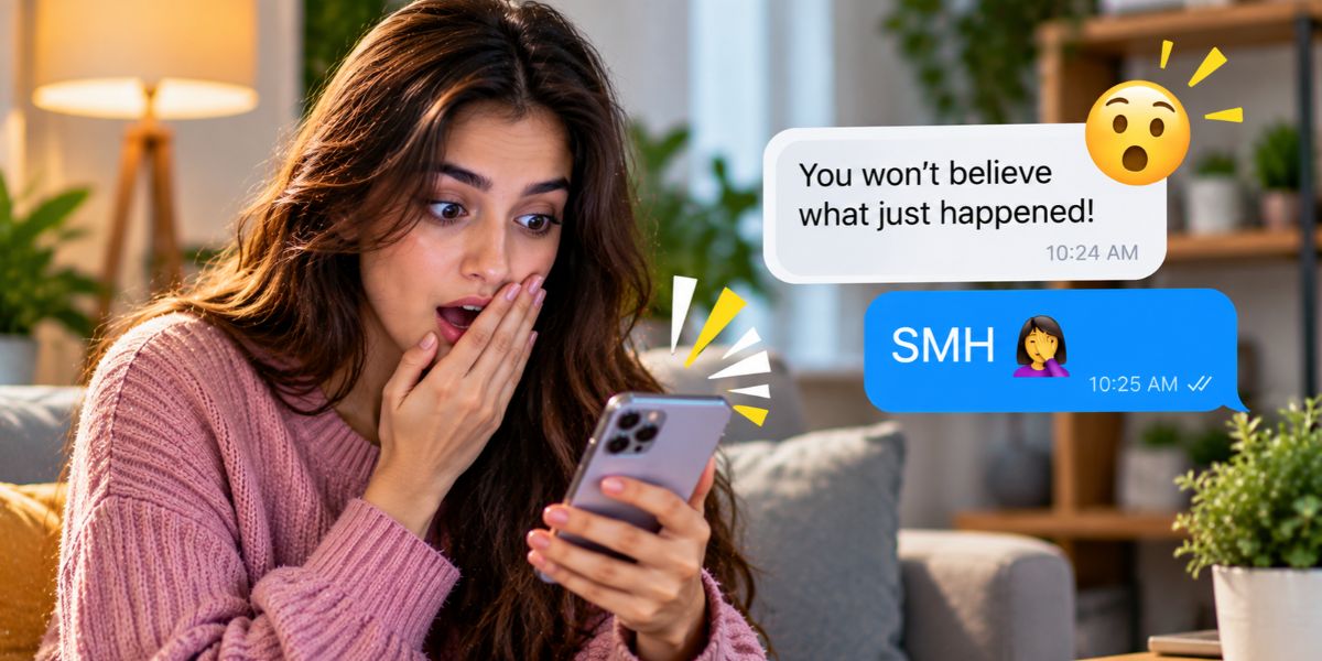 Person reacting with surprise while reading a text message on a smartphone.