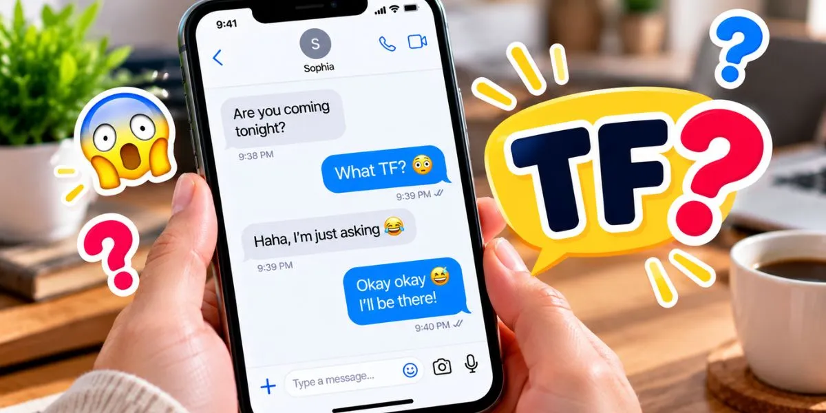 Smartphone displaying a text conversation with the abbreviation TF.