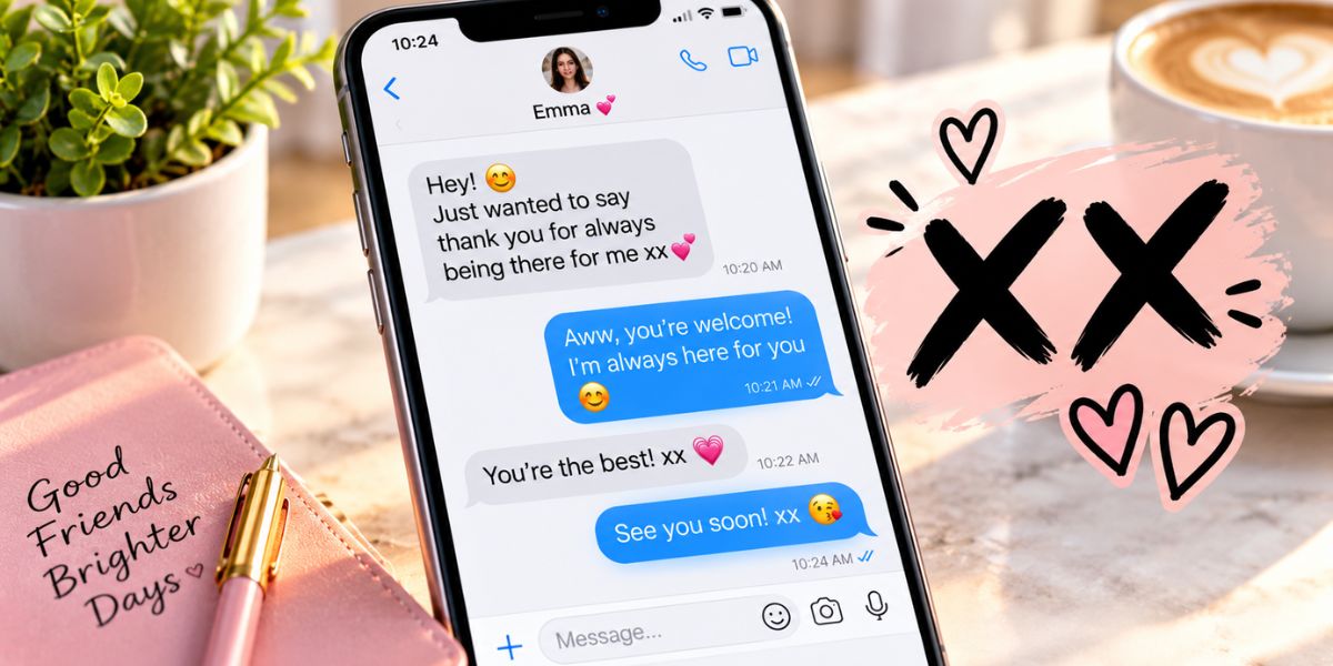 Smartphone displaying a friendly text message ending with xx as an affectionate sign-off.