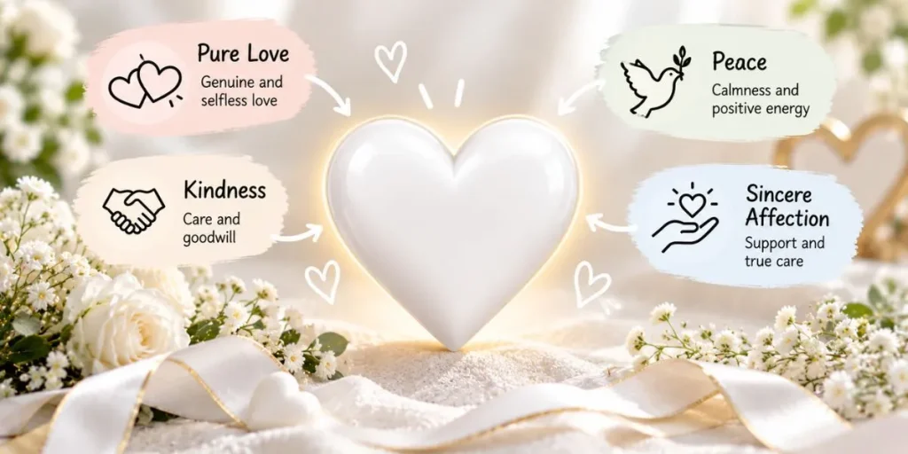 White heart emoji representing pure love, kindness, peace, and sincere affection.