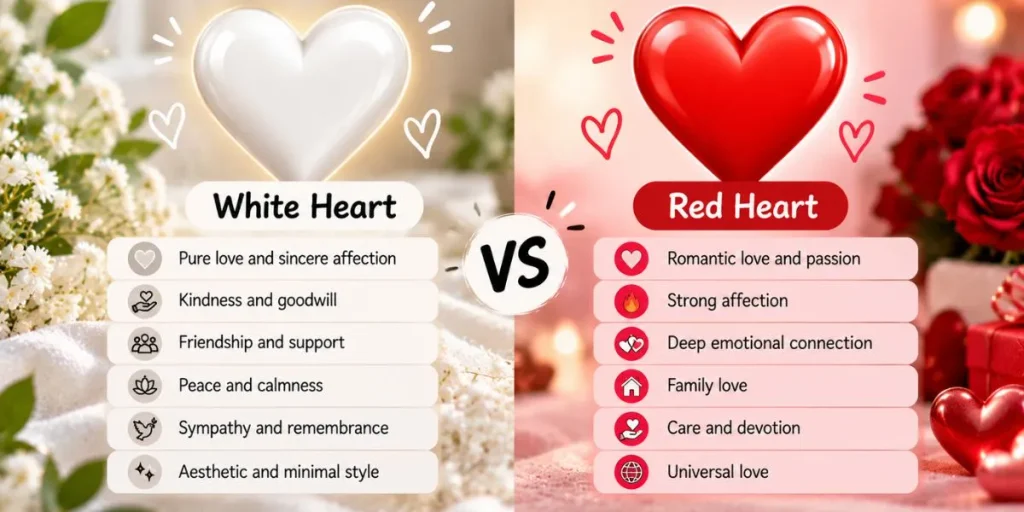 White heart and red heart emojis displayed side by side to illustrate their commonly associated meanings.