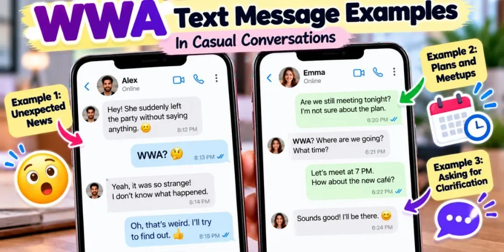 Examples of WWA in casual text messages about unexpected news and plans