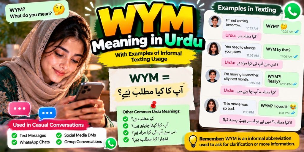WYM meaning in Urdu with examples of informal texting usage