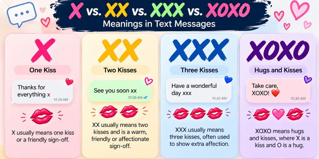Comparison of X, XX, XXX, and XOXO as affectionate text-message sign-offs.